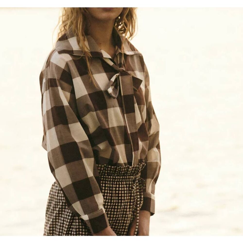 POSSE Callie long sleeve shirt in mocha gingham Sz XXL